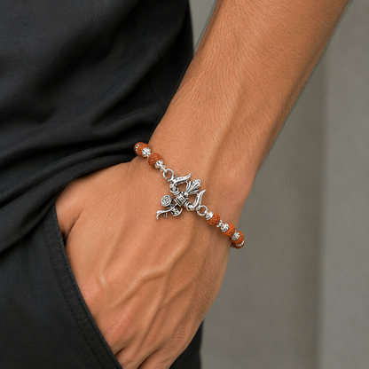 925 Sterling silver Rudraksha beaded Lord Shiva trident / trishul bracelet rakhi rk406