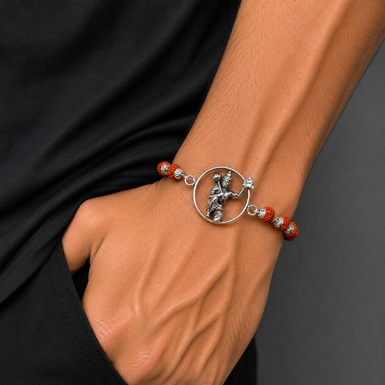 925 Sterling silver customized  Lord Hanuman rudraksha beaded bracelet rakhi rk06