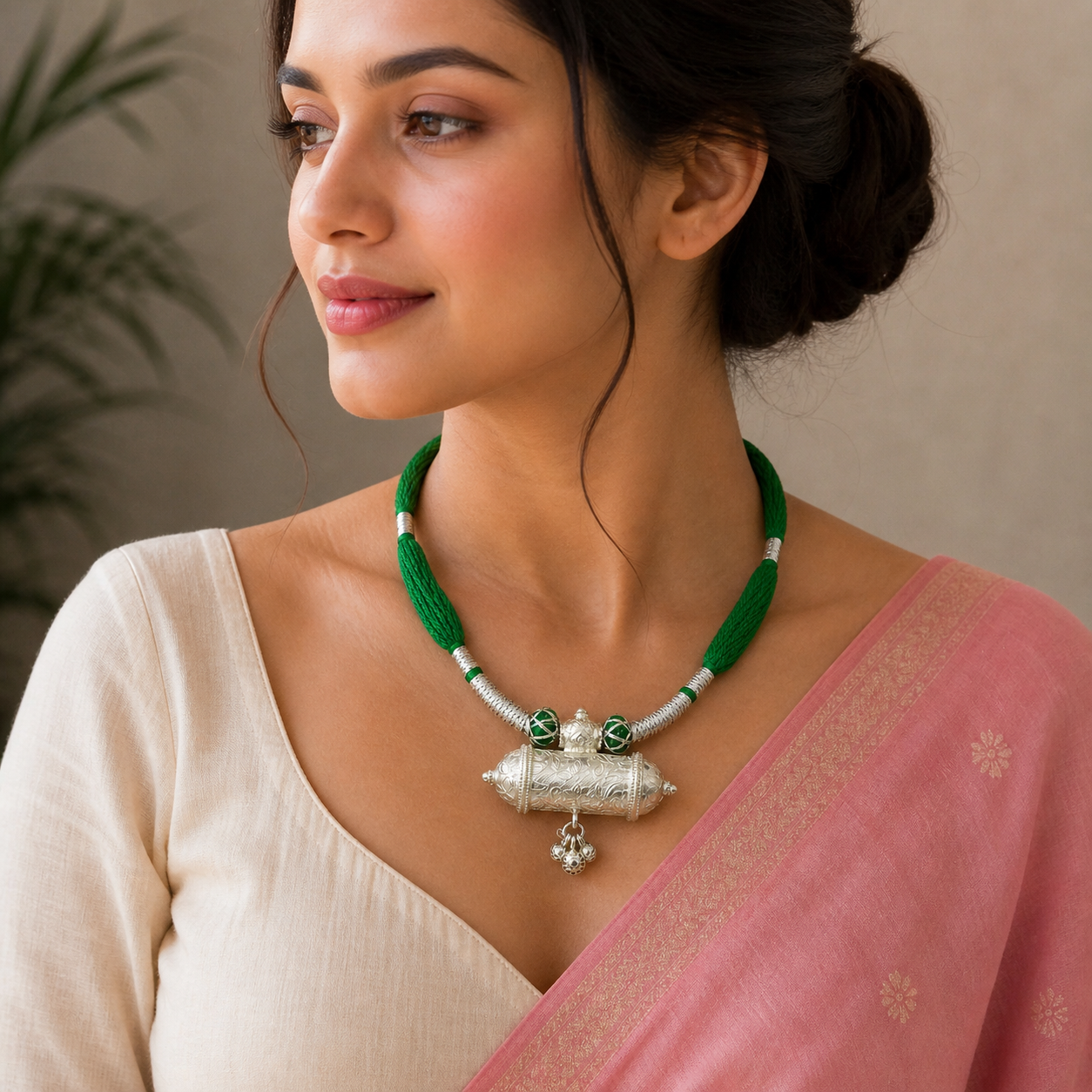 925 Sterling silver ethnic tribal pendant with green thread necklace, traditional choker bridal jewelry set by TRIBAL ORNAMENTS