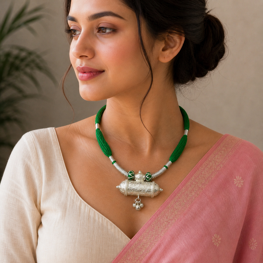 925 Sterling silver ethnic tribal pendant with green thread necklace, traditional choker bridal jewelry set by TRIBAL ORNAMENTS