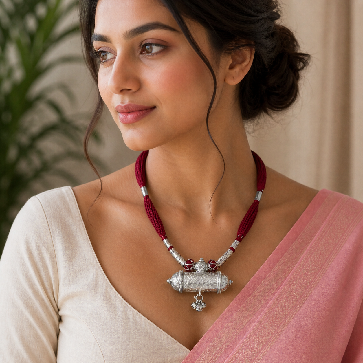 Sterling silver ethnic tribal pendant with dark red thread necklace, traditional choker style for bridal jewelry set.