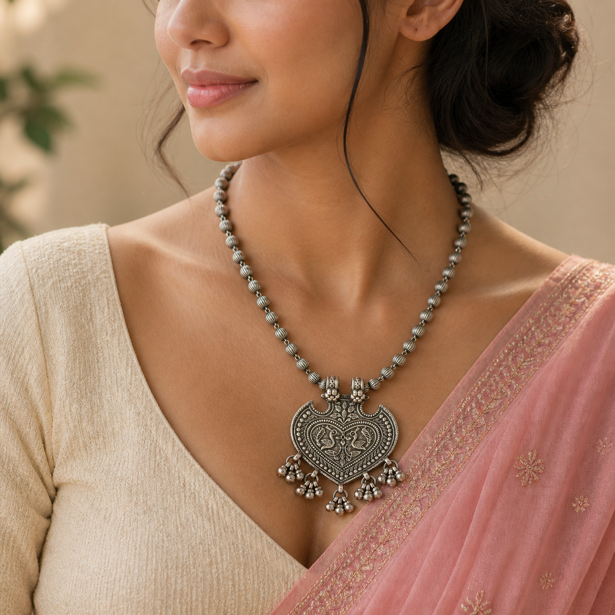 925 Sterling silver vintage tribal pendant with beaded necklace and hanging bells, tribal ethnic jewelry set from Rajasthan.