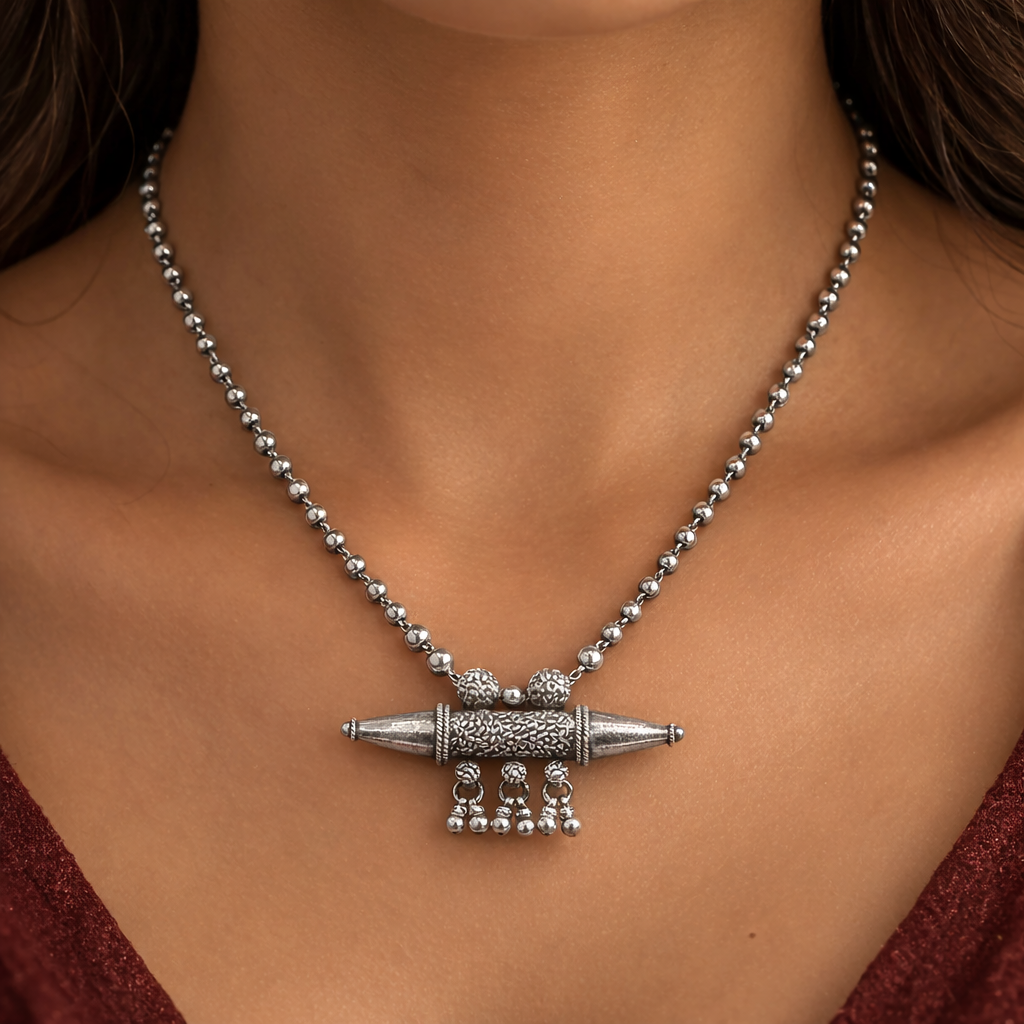 925 Sterling silver vintage pendant necklace with hanging bells, tribal ethnic jewelry featuring intricate handmade Rajasthan design
