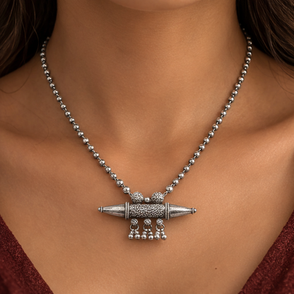 925 Sterling silver vintage pendant necklace with hanging bells, tribal ethnic jewelry featuring intricate handmade Rajasthan design
