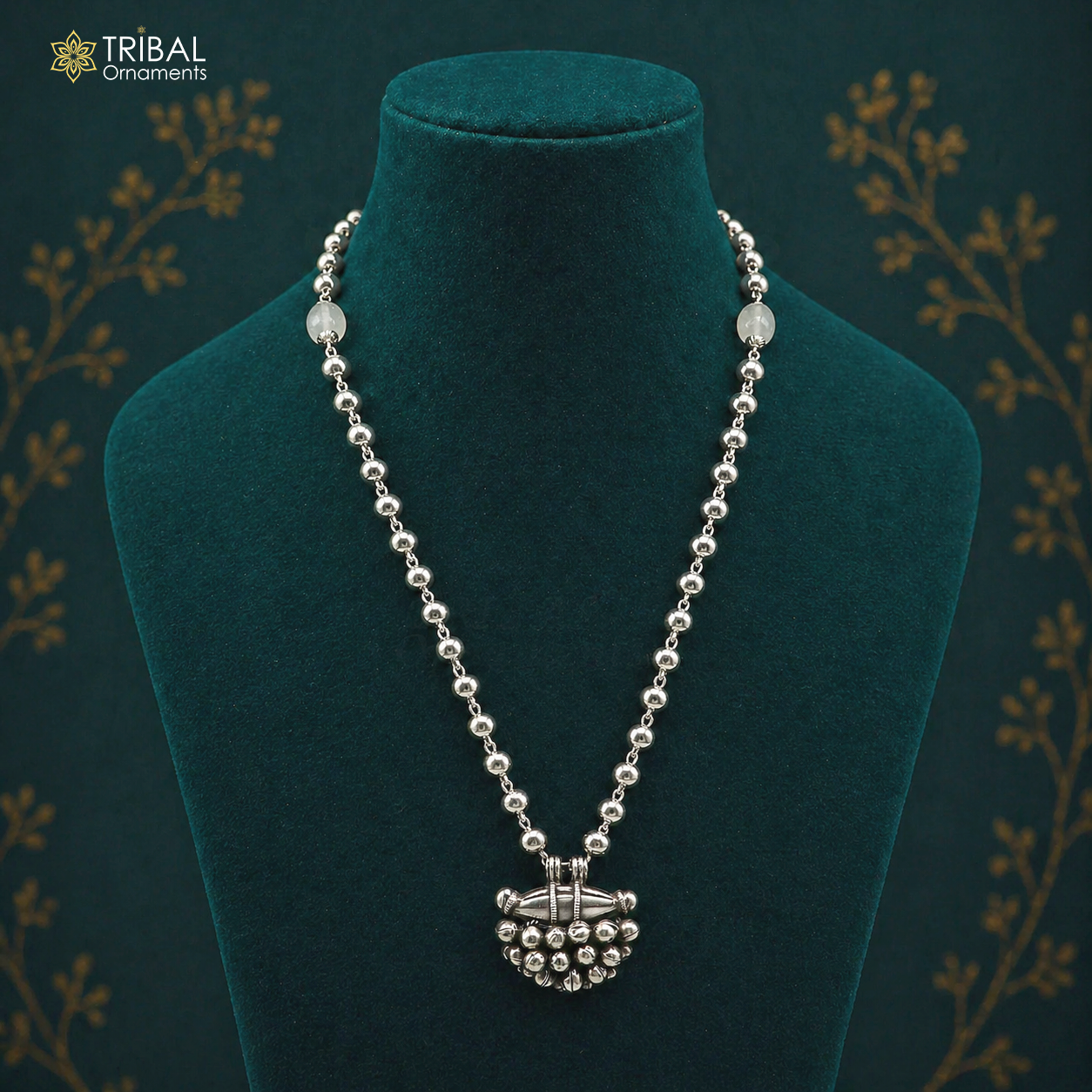 925 Sterling silver vintage pendant with beaded necklace and hanging drops, tribal ethnic jewelry from Rajasthan.