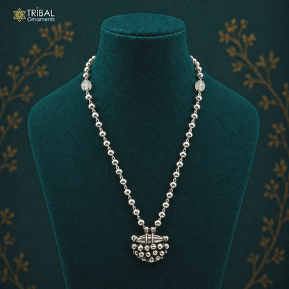 925 Sterling silver vintage pendant with beaded necklace and hanging drops, tribal ethnic jewelry from Rajasthan.