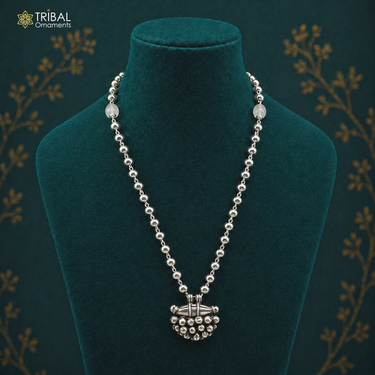 925 Sterling silver vintage pendant with beaded necklace and hanging drops, tribal ethnic jewelry from Rajasthan.