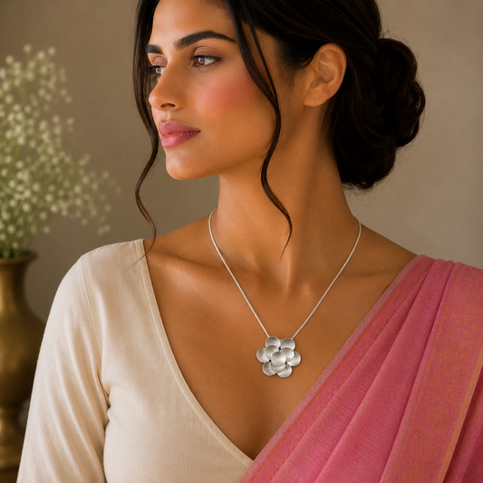 Sterling silver vintage tribal pendant with intricate design on chain, ideal for ethnic belly dance jewelry from Rajasthan.