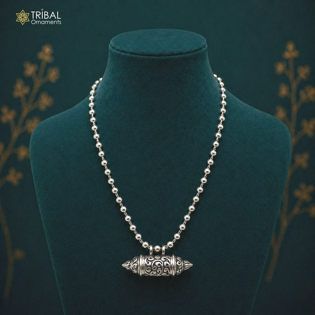 925 Sterling silver Nakshai design amulet pendant with mantra box and beaded tribal necklace in ethnic cultural jewelry set