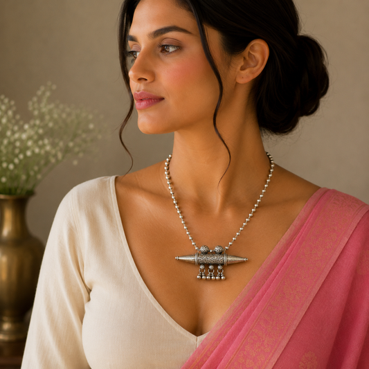 925 sterling silver vintage tribal pendant necklace with hanging bells, ethnic jewelry from Rajasthan by Tribal Ornaments