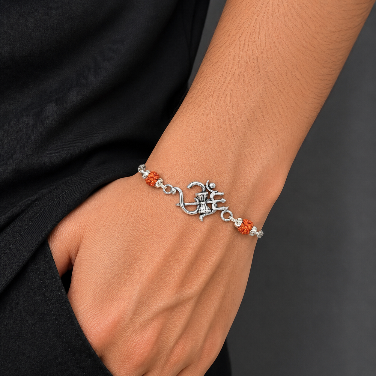 925 sterling silver om Rudraksha/black /white tulsi and silver beads bracelet rakhi rk286
