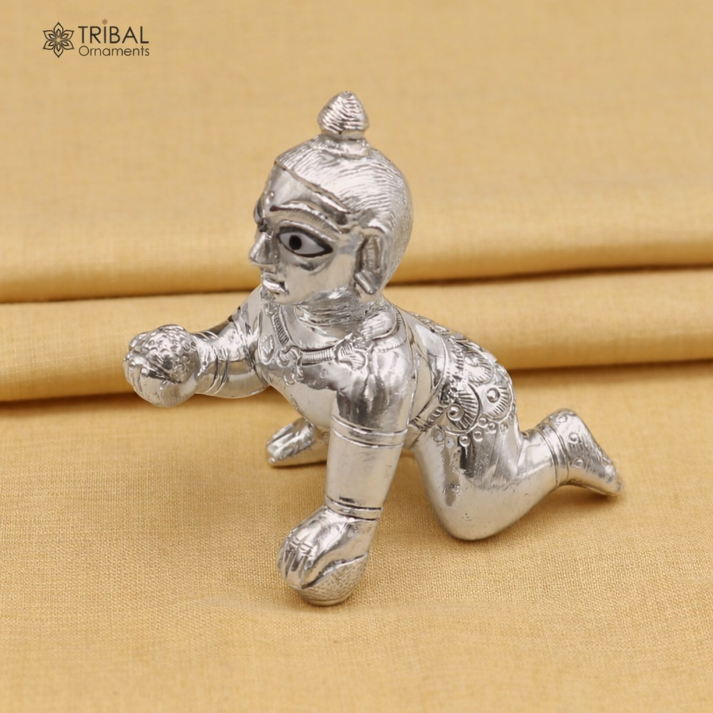 925 sterling silver Krishna idol figurine of Laddu Gopal crawling style, divine Krishna statue by TRIBAL ORNAMENTS.