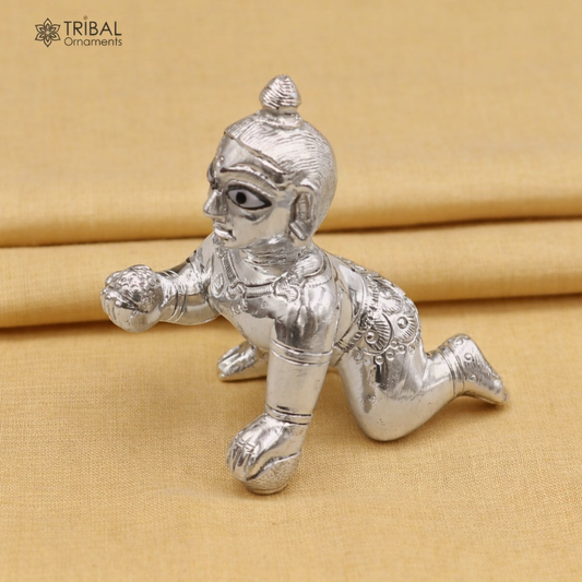 925 sterling silver Krishna idol figurine of Laddu Gopal crawling style, divine Krishna statue by TRIBAL ORNAMENTS.
