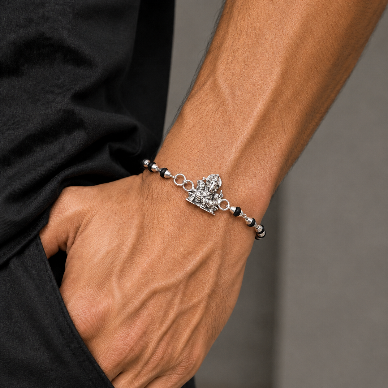 925 sterling silver Lord Ganesha design black Tulsi beads bracelet rakhi rk399