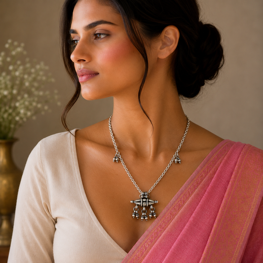Vintage sterling silver Mangalsutra necklace with decorative pendant, handcrafted tribal jewelry, 18 to 26 inches long.
