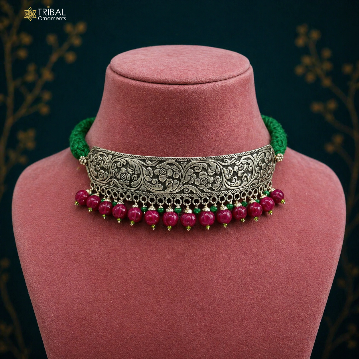 925 sterling silver Nakshi work tribal charm necklace choker with intricate ethnic design inspired by Rajasthan heritage.
