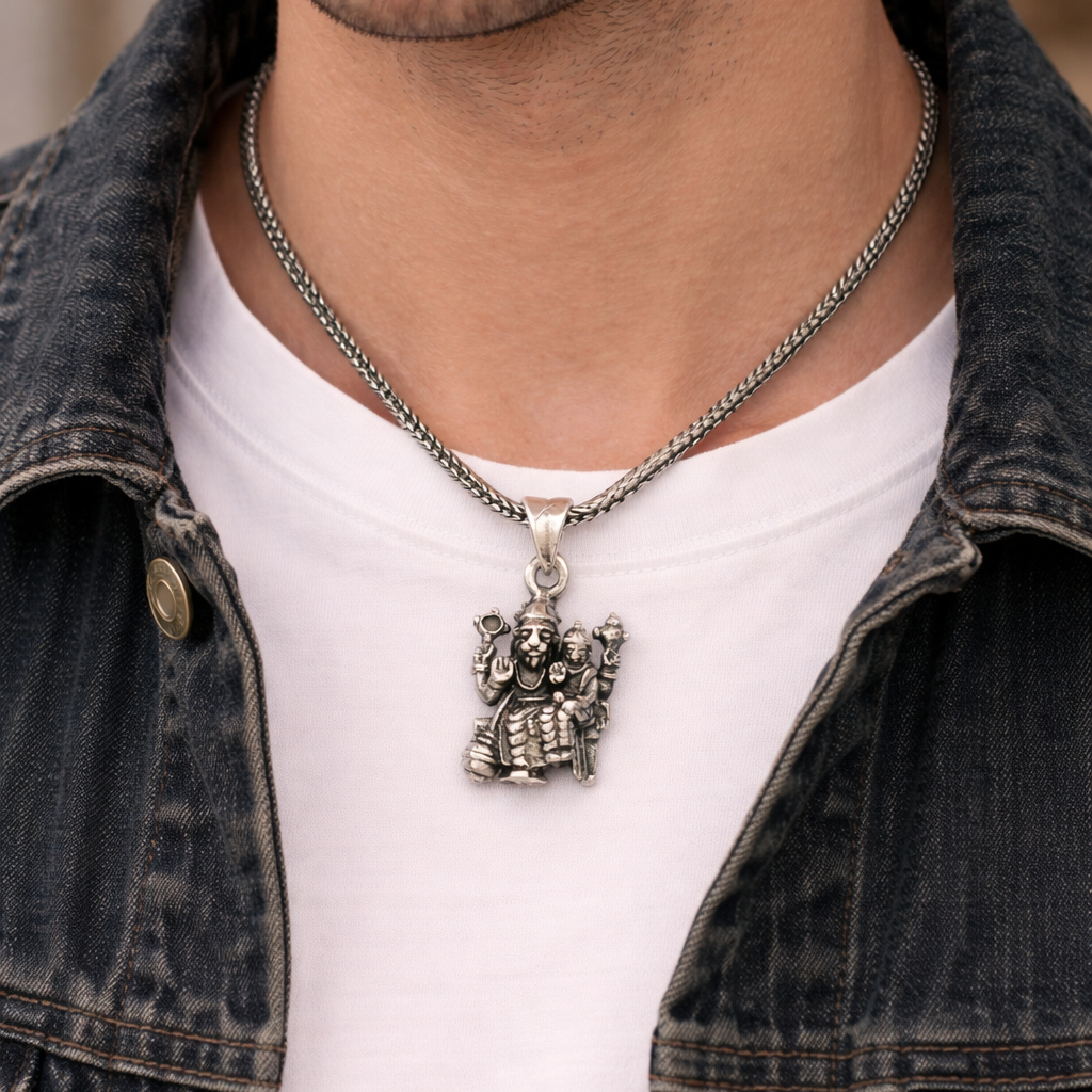 Sterling silver Narsimha with Prahlad pendant on tribal jewelry chain, detailed religious and tribal design from TRIBAL ORNAMENTS.