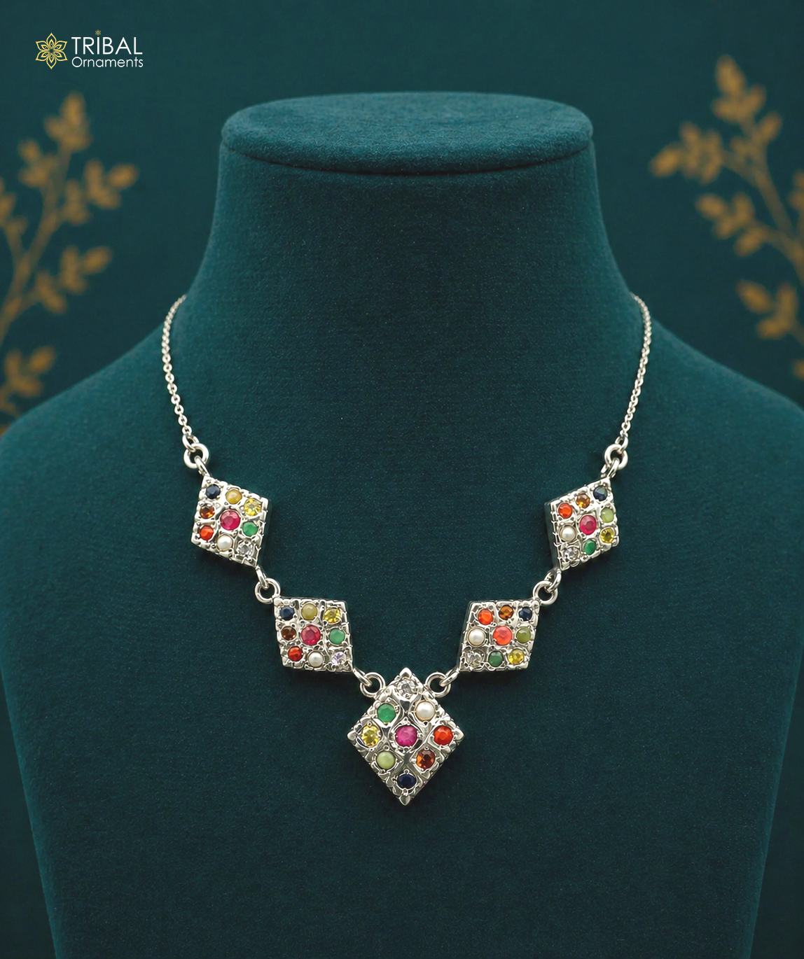 925 sterling silver Navratan stone vintage necklace featuring tribal ethnic design, ideal for tribal jewelry and belly dance accessories.
