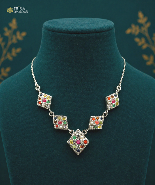 925 sterling silver Navratan stone vintage necklace featuring tribal ethnic design, ideal for tribal jewelry and belly dance accessories.