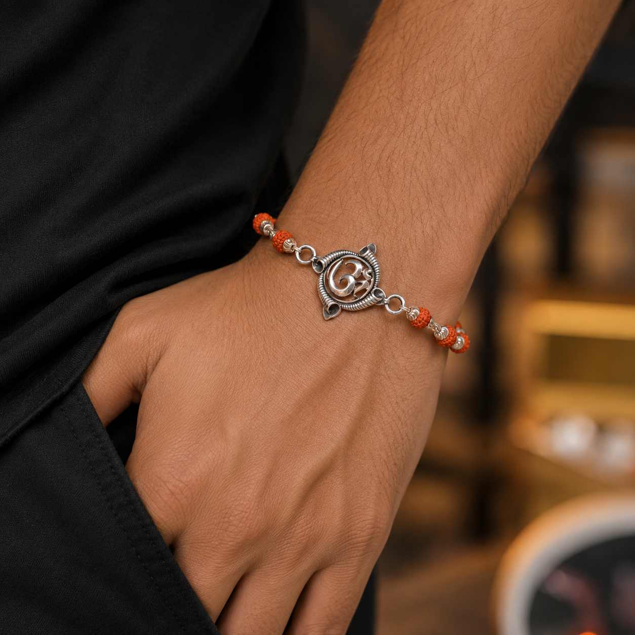 925 sterling silver OM design Rudraksha, Tulsi beads bracelet rakhi rk186
