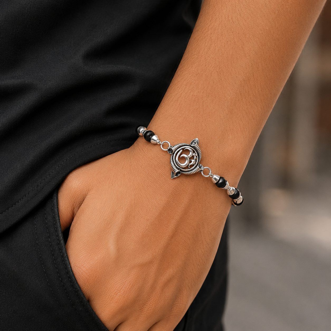925 sterling silver OM design Rudraksha, Tulsi beads bracelet rakhi rk186