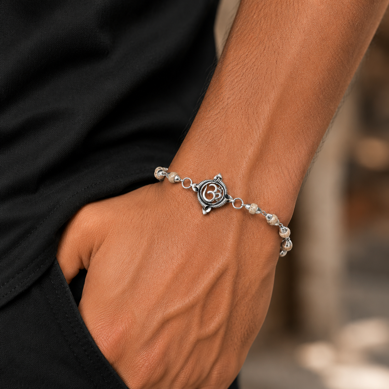 925 sterling silver OM design Rudraksha, Tulsi beads bracelet rakhi rk186