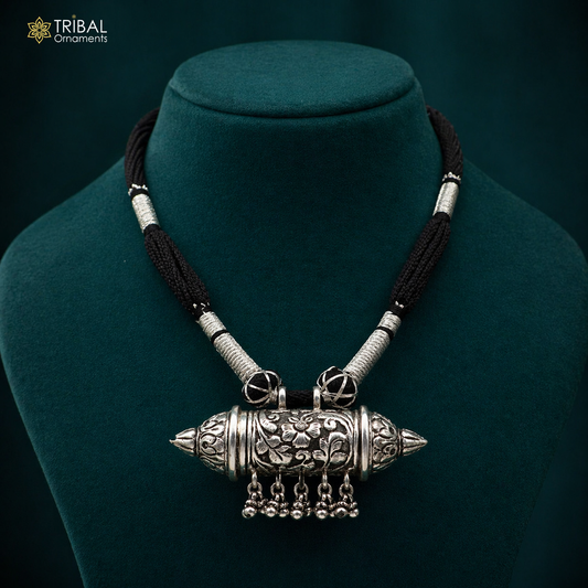925 sterling silver amulet Taviz pendant on tribal ethnic necklace with adjustable back thread knot and cultural mantra box design.