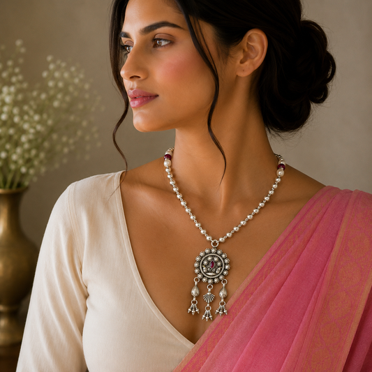 Sterling silver beads chain with floral pendant, traditional brides mangalsutra necklace by TRIBAL ORNAMENTS.