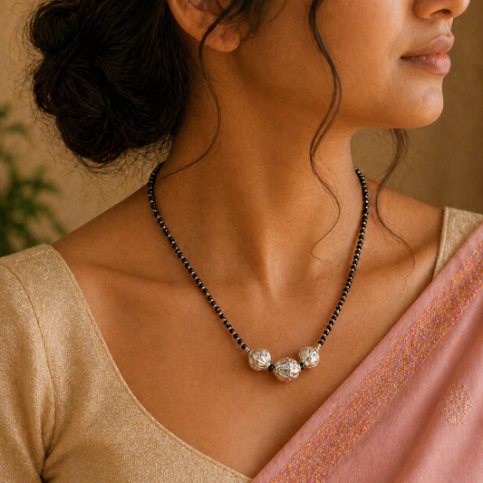 Sterling silver black beads chain necklace with vintage-style pendant, traditional bridal jewelry, delicate design for girls' set.