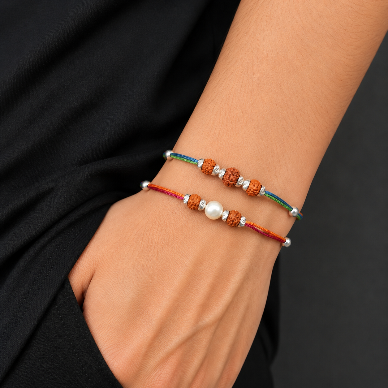 925 sterling silver custom design combo 2 piece rudraksha beads bracelet thread rakhi rk135