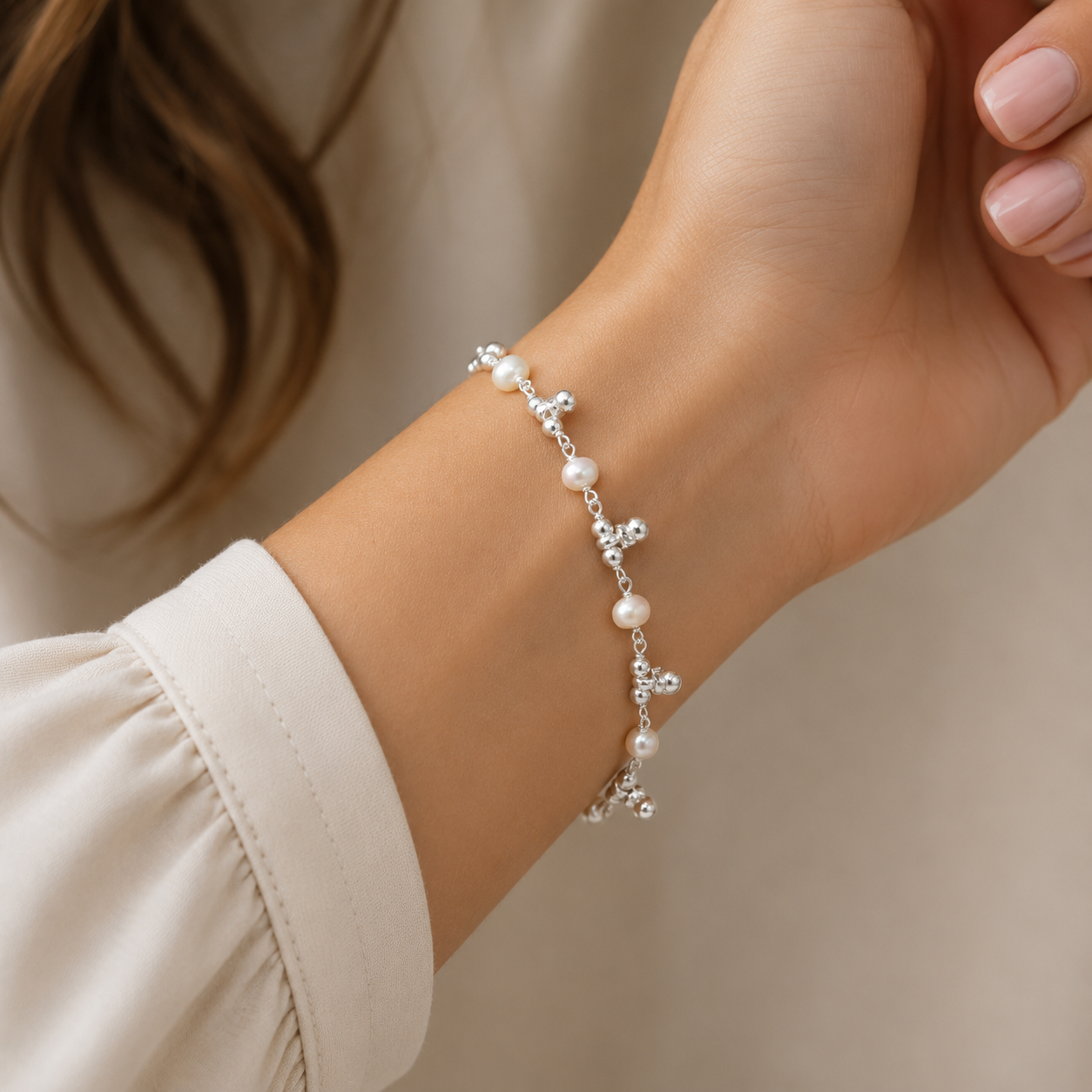Sterling silver beaded bracelet with natural pearls, customizable unisex jewelry from TRIBAL ORNAMENTS.