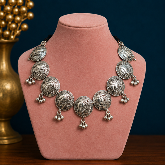 Sterling silver bird design vintage charm necklace and choker, tribal ethnic belly dance jewelry, ideal brides gift set.