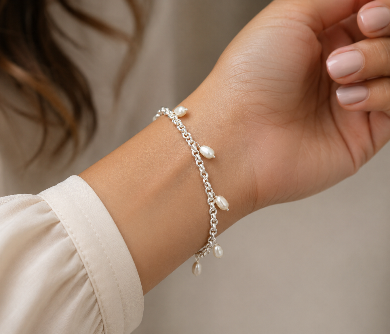 Unisex 925 sterling silver charm pearl bracelet with customizable charms, stylish jewelry by TRIBAL ORNAMENTS.