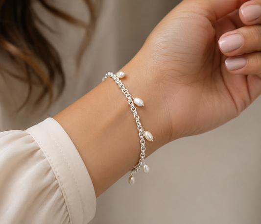 Unisex 925 sterling silver charm pearl bracelet with customizable charms, stylish jewelry by TRIBAL ORNAMENTS.