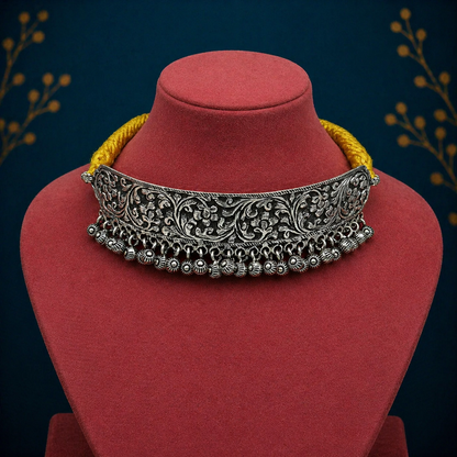 Vintage 925 sterling silver charm necklace with custom chitai/kandrai work, tribal jewelry choker set featuring traditional design.