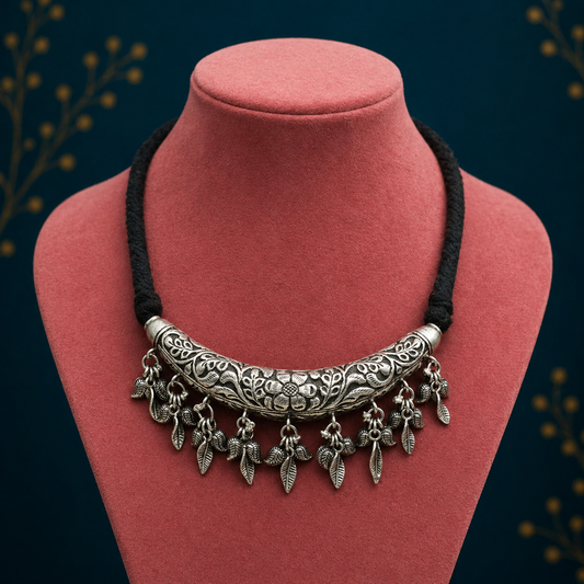 Sterling silver Indian tribal necklace with Kandrai charm and Hasali, part of a traditional choker jewelry set.