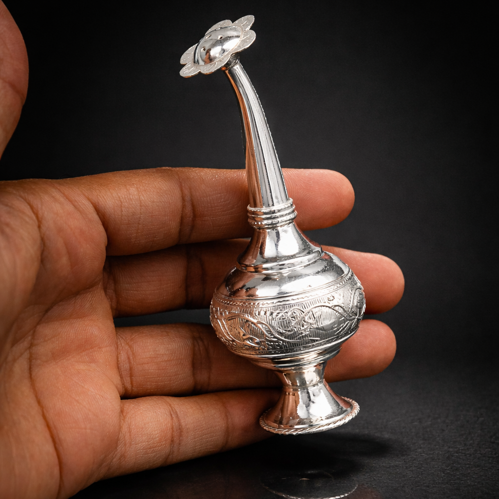 925 sterling silver customized perfume spray bottle with royal design, ideal for puja utensils or gifting, by TRIBAL ORNAMENTS.