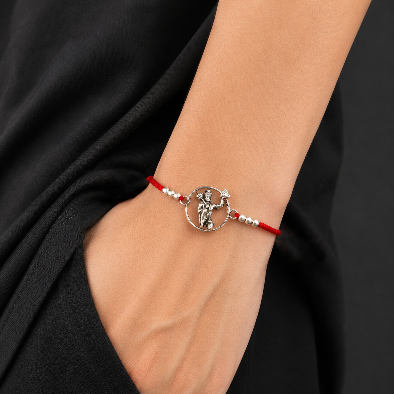 925 sterling silver god Hanuman design bracelet with red thread rakhi rk172