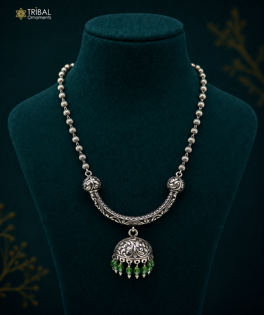 Sterling silver beaded long necklace with 5.5mm traditional tribal design, handmade trendy jewelry by TRIBAL ORNAMENTS.