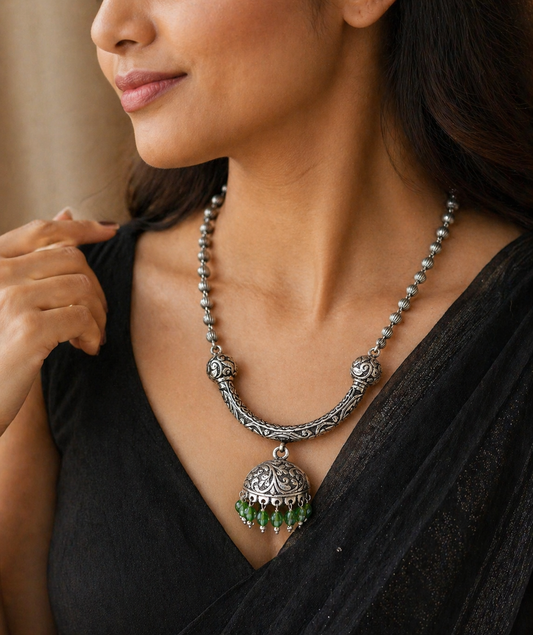 Sterling silver beaded long necklace by TRIBAL ORNAMENTS with traditional tribal design, stylish and functional jewelry piece