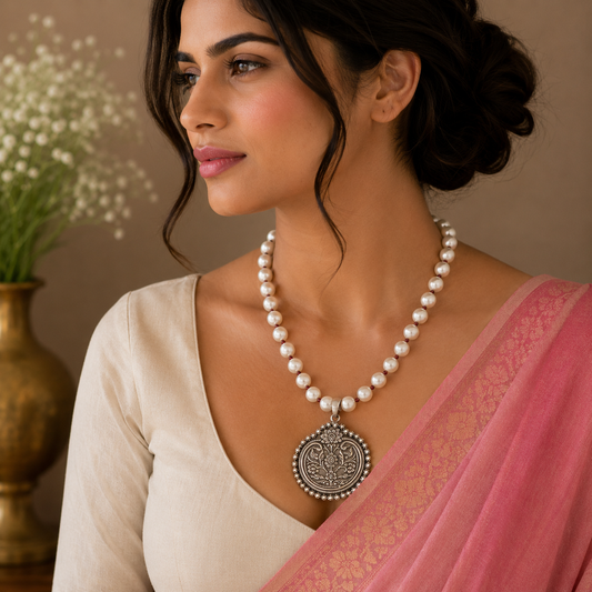 Sterling silver floral pendant with 8mm pearl on tribal necklace, ideal wedding or brides gift set by TRIBAL ORNAMENTS.
