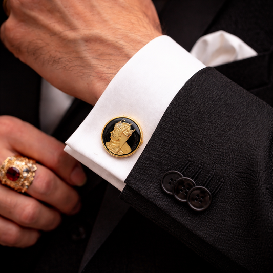 925 sterling silver handmade cufflinks set featuring Maharana Pratap design, gold-polished finish for men's coat or suit accessories