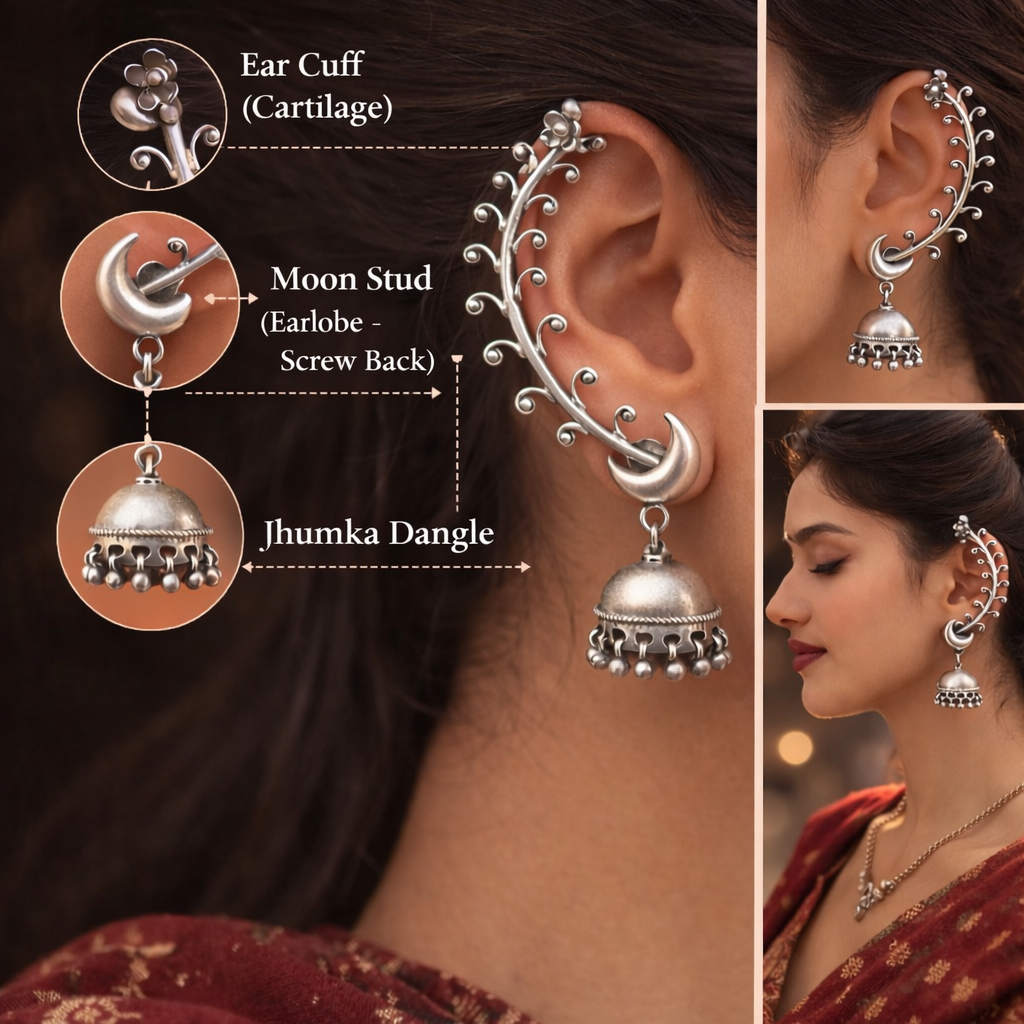925 sterling silver handmade gorgeous cartilage stud earring fabulous ear clip customized tribal jewelry belly dance gifting jewelry   s1104 - TRIBAL ORNAMENTS