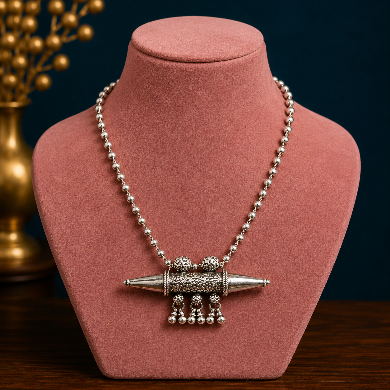 Sterling silver vintage pendant necklace with hanging bells, tribal ethnic jewelry from Rajasthan by TRIBAL ORNAMENTS.