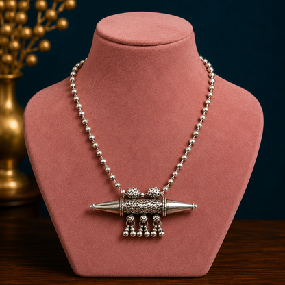 Sterling silver vintage pendant necklace with hanging bells, tribal ethnic jewelry from Rajasthan by TRIBAL ORNAMENTS.