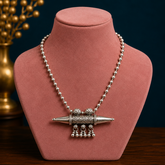 Sterling silver vintage pendant necklace with hanging bells, tribal ethnic jewelry from Rajasthan by TRIBAL ORNAMENTS.