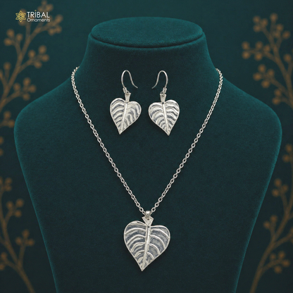 925 sterling silver heart-shaped pendant necklace with peepal tree leaves design and matching hoops earrings, tribal-style brides jewelry