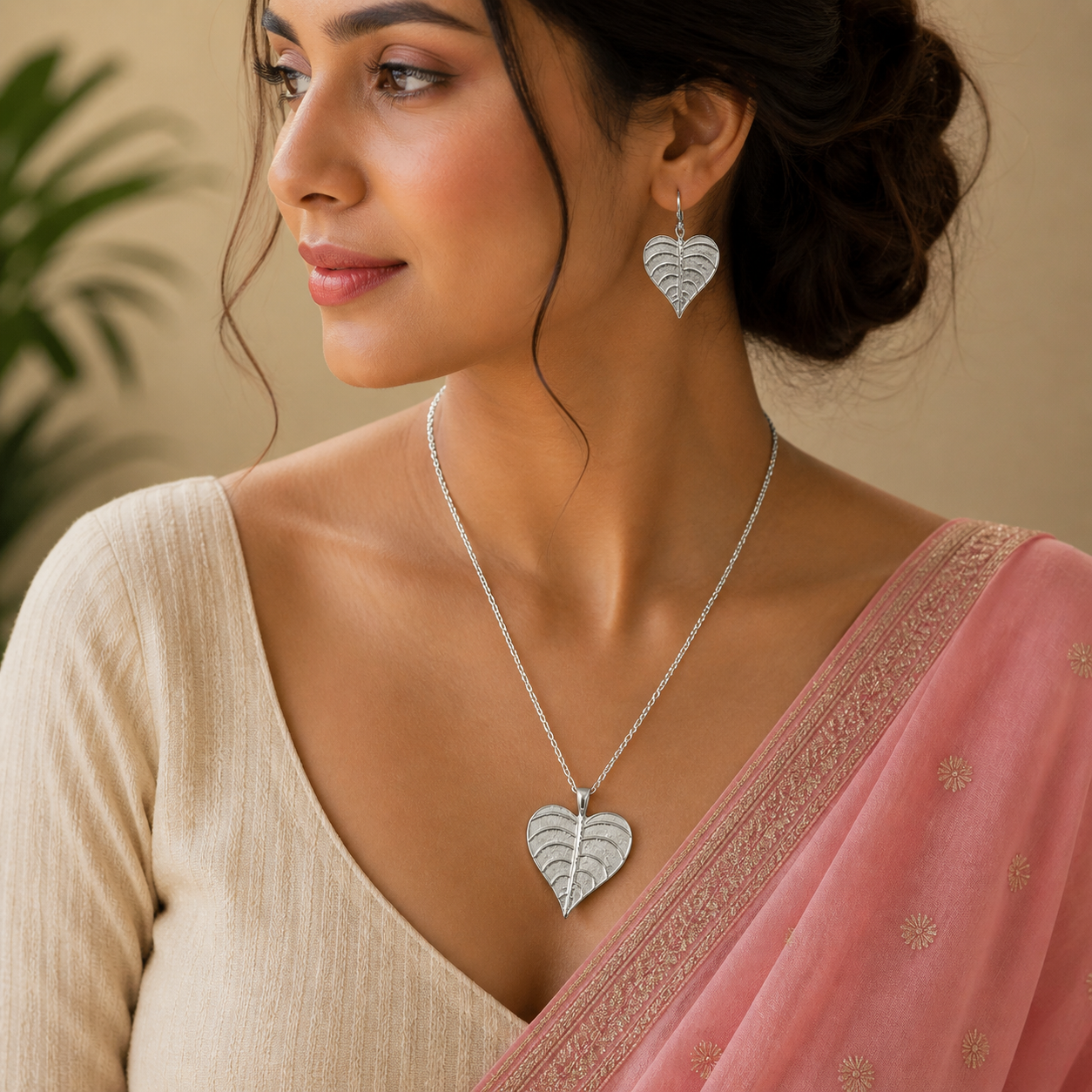 Sterling silver heart-shaped peepal tree leaves pendant necklace with matching hoops earrings, customized bridal and belly dance jewelry.