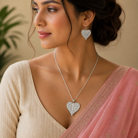 Sterling silver heart-shaped peepal tree leaves pendant necklace with matching hoops earrings, customized bridal and belly dance jewelry.