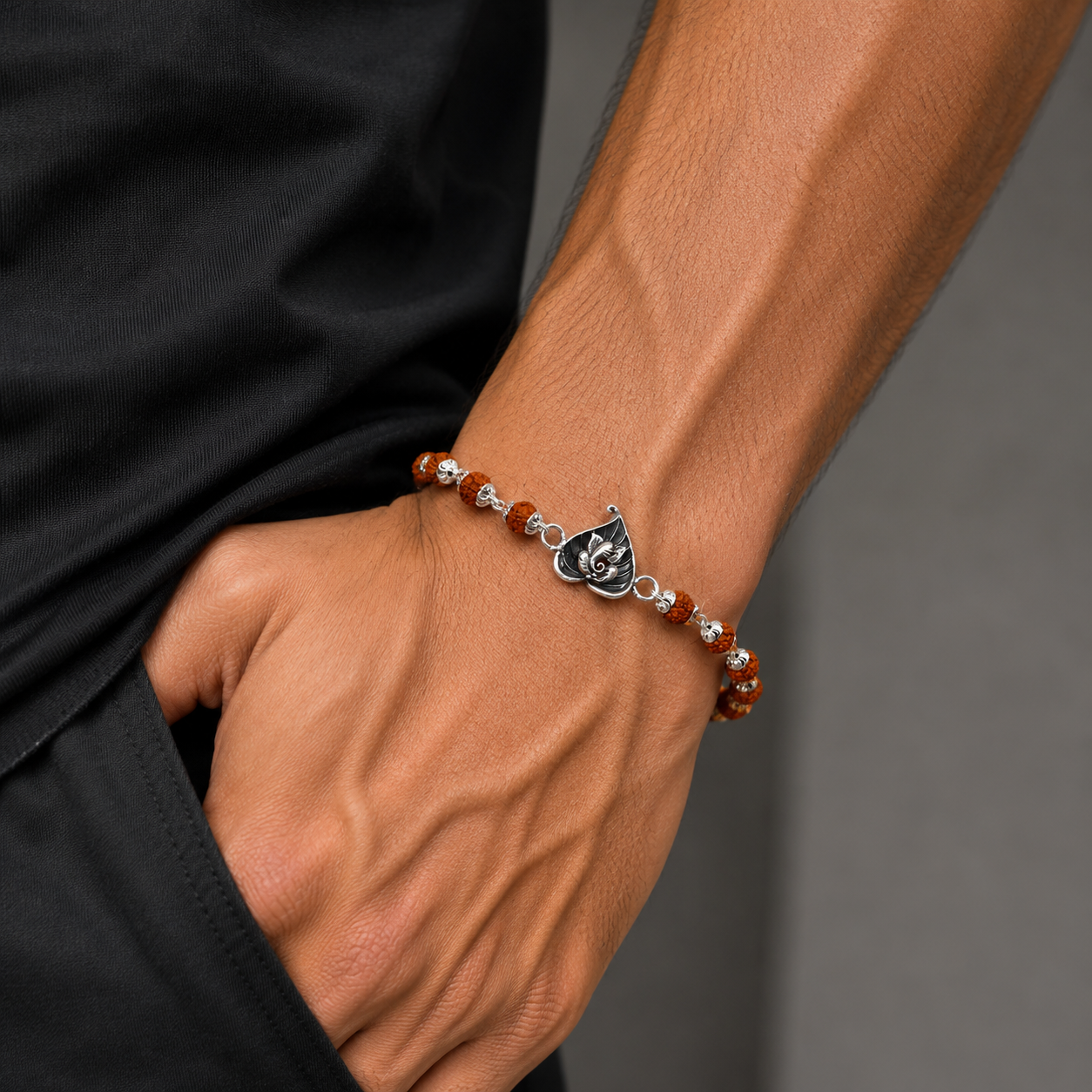 925 sterling silver lord Ganesha on Paan(betel leaf) design Rudraksha,Tulsi bead bracelet rakhi  rk182
